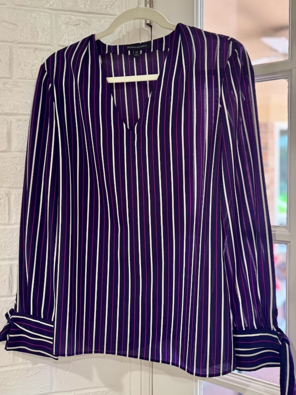 Banana Republic Purple-Striped Blouse, Size US Medium, Tie Sleeves